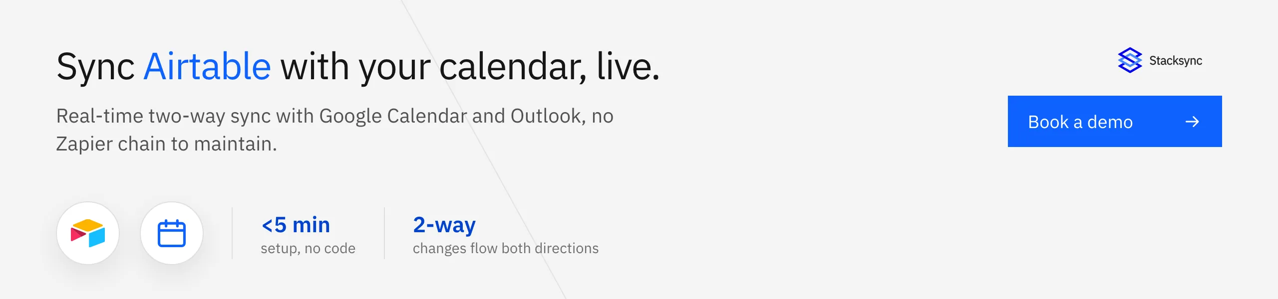 Sync Airtable with your calendar, live. Real-time two-way sync with Google Calendar and Outlook. Book a demo.