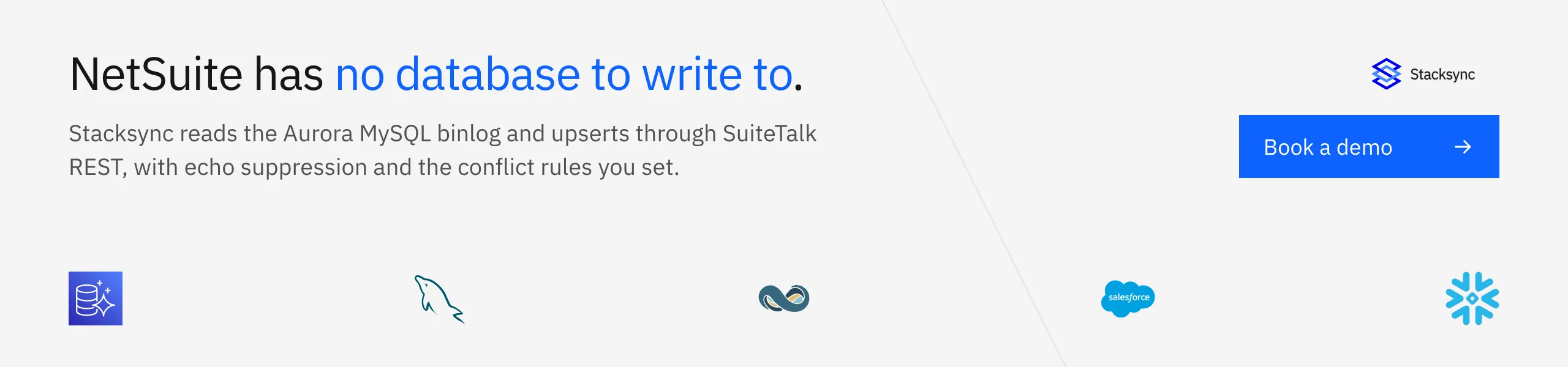Book a Stacksync demo: two-way sync between AWS Aurora MySQL and NetSuite, with binlog change capture and SuiteTalk REST upserts