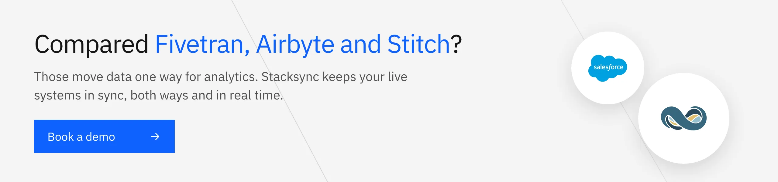 Compared Fivetran, Airbyte and Stitch? Book a Stacksync demo for real-time two-way sync