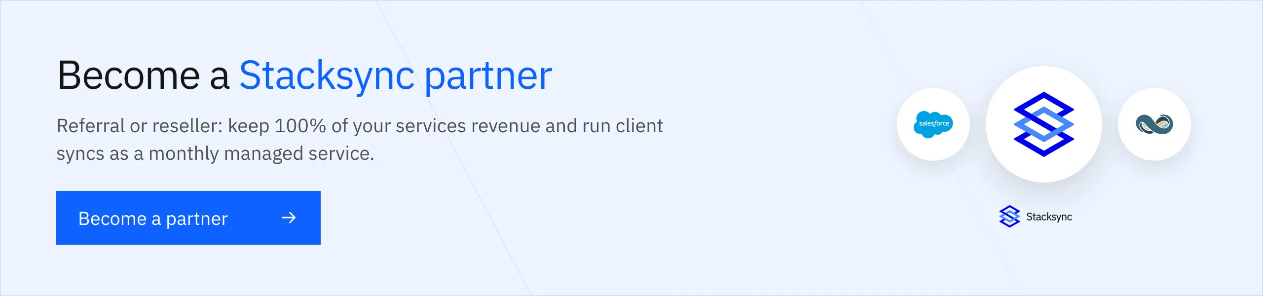 Become a Stacksync partner: referral or reseller, keep 100% of your services revenue and run client syncs as a monthly managed service
