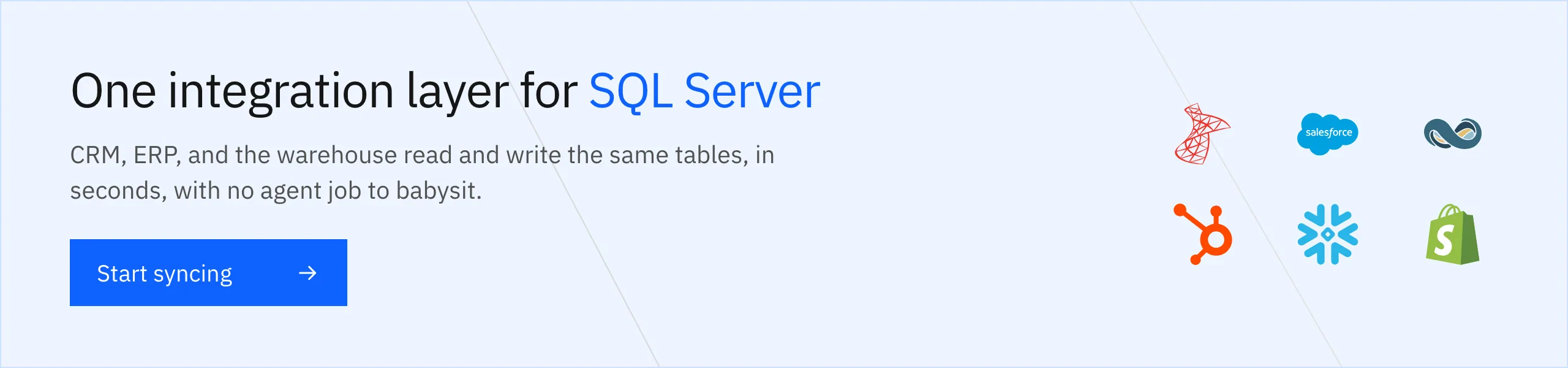 Put one integration layer in front of SQL Server, real-time and two-way, with no Agent job to babysit