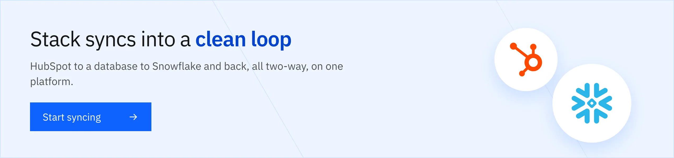 Stack syncs into a clean loop: HubSpot to a database to Snowflake and back, all two-way
