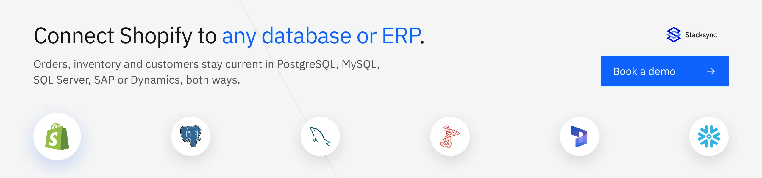 Book a Stacksync demo: connect Shopify to PostgreSQL, MySQL, SQL Server, SAP or Dynamics, both ways