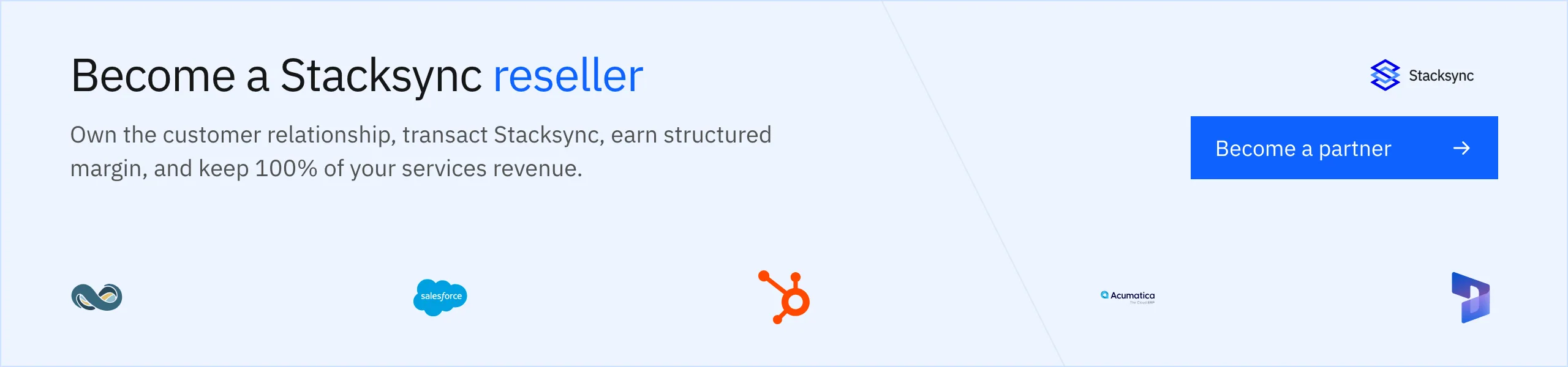 Become a Stacksync partner: own the customer relationship, transact Stacksync, earn structured margin and keep 100% of your services revenue