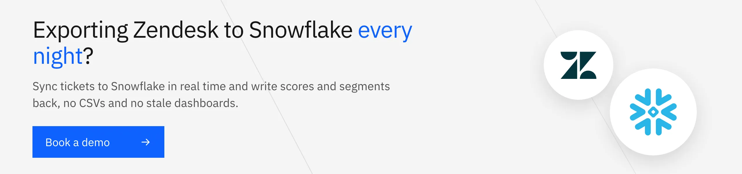 Book a Stacksync demo: sync Zendesk tickets to Snowflake in real time and write scores back