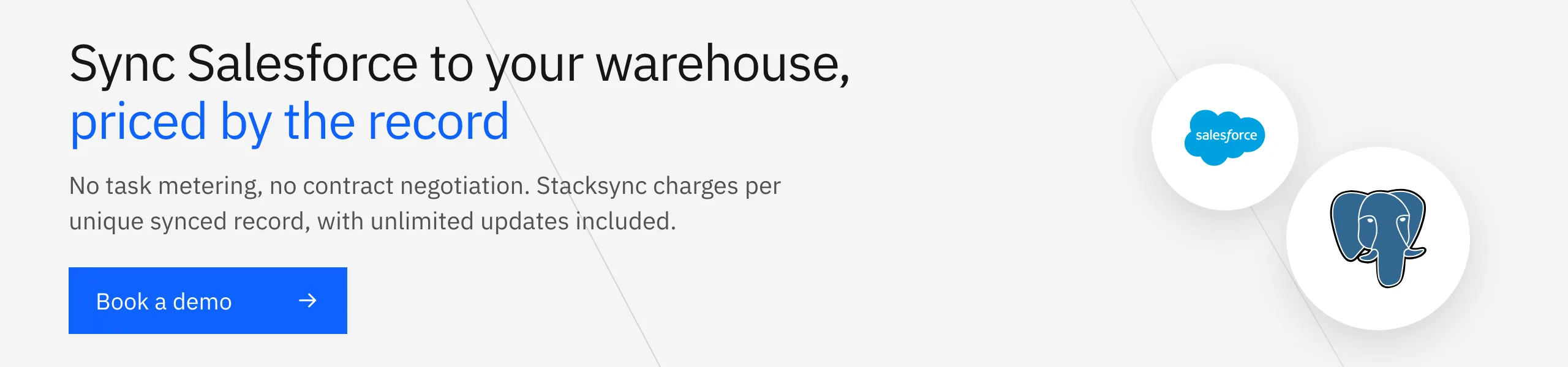 Sync Salesforce to your warehouse, priced by the record. Book a Stacksync demo