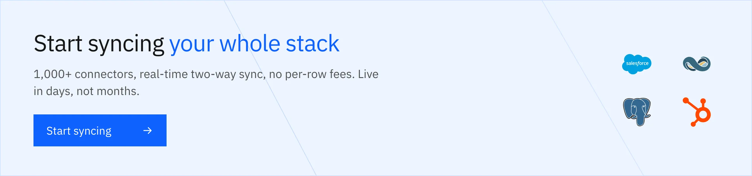 Start syncing your whole stack with Stacksync: 1,000+ connectors, real-time two-way sync
