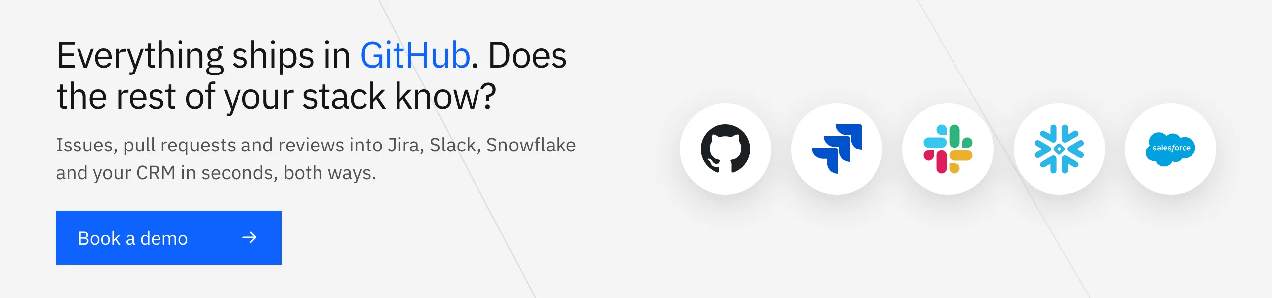Book a Stacksync demo: connect GitHub to Jira, Slack, Snowflake and the CRM that need to know what shipped