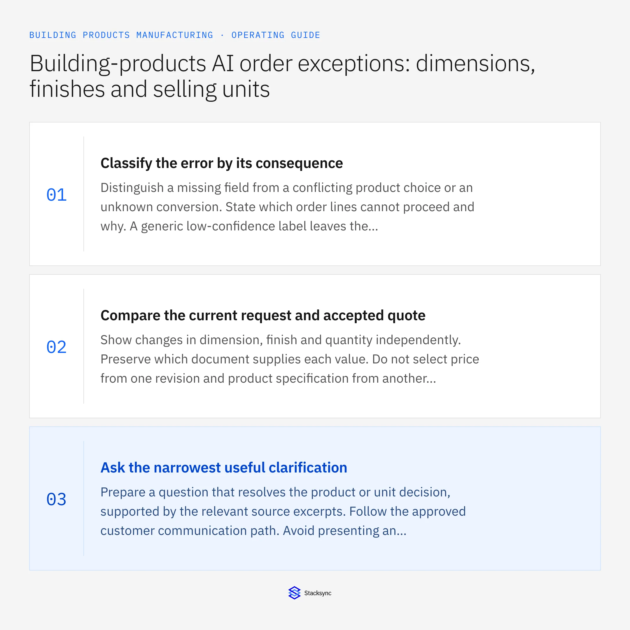 Summary card: Dimension, finish and unit exceptions in AI dealer orders