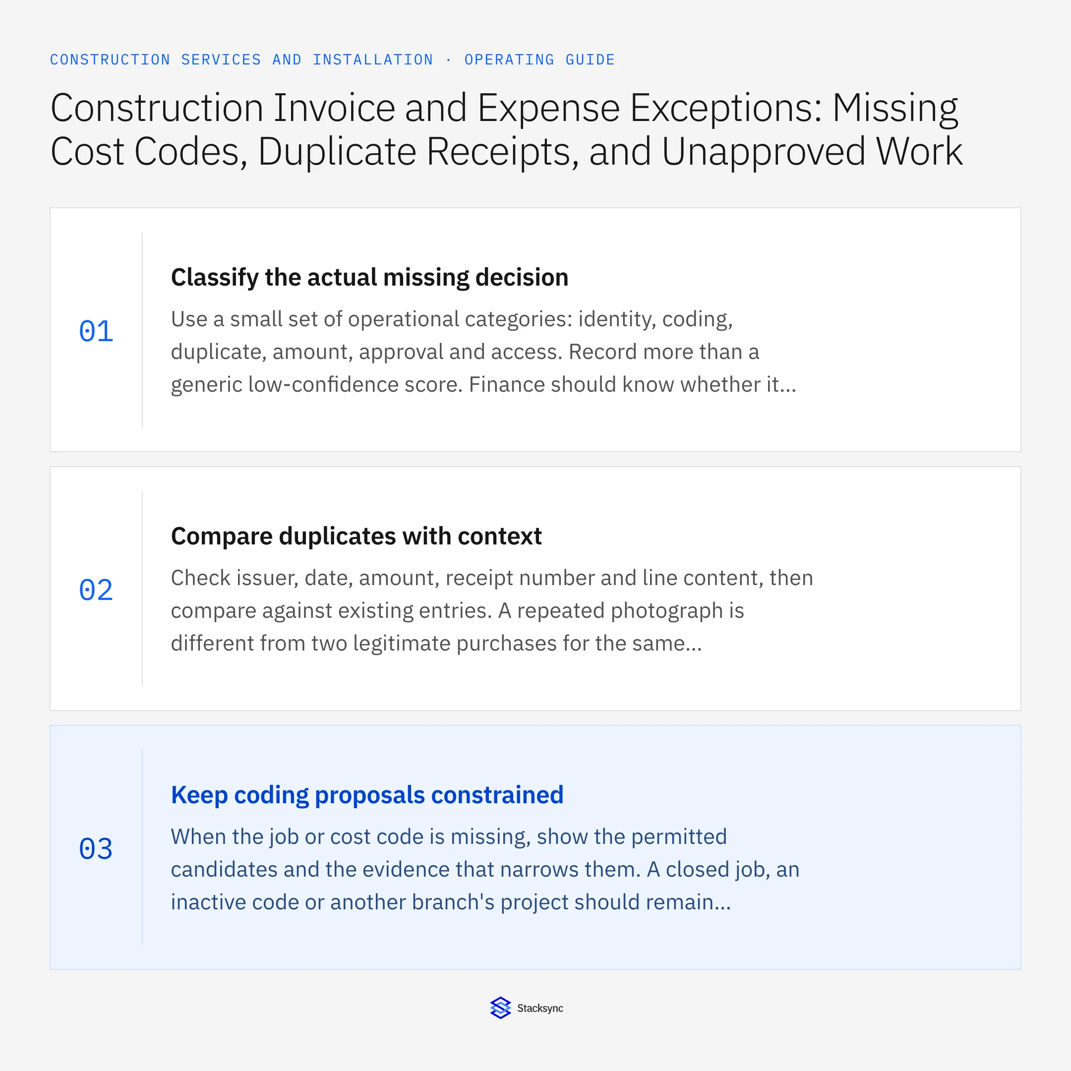 Summary card: Construction invoice exceptions a Genie should escalate