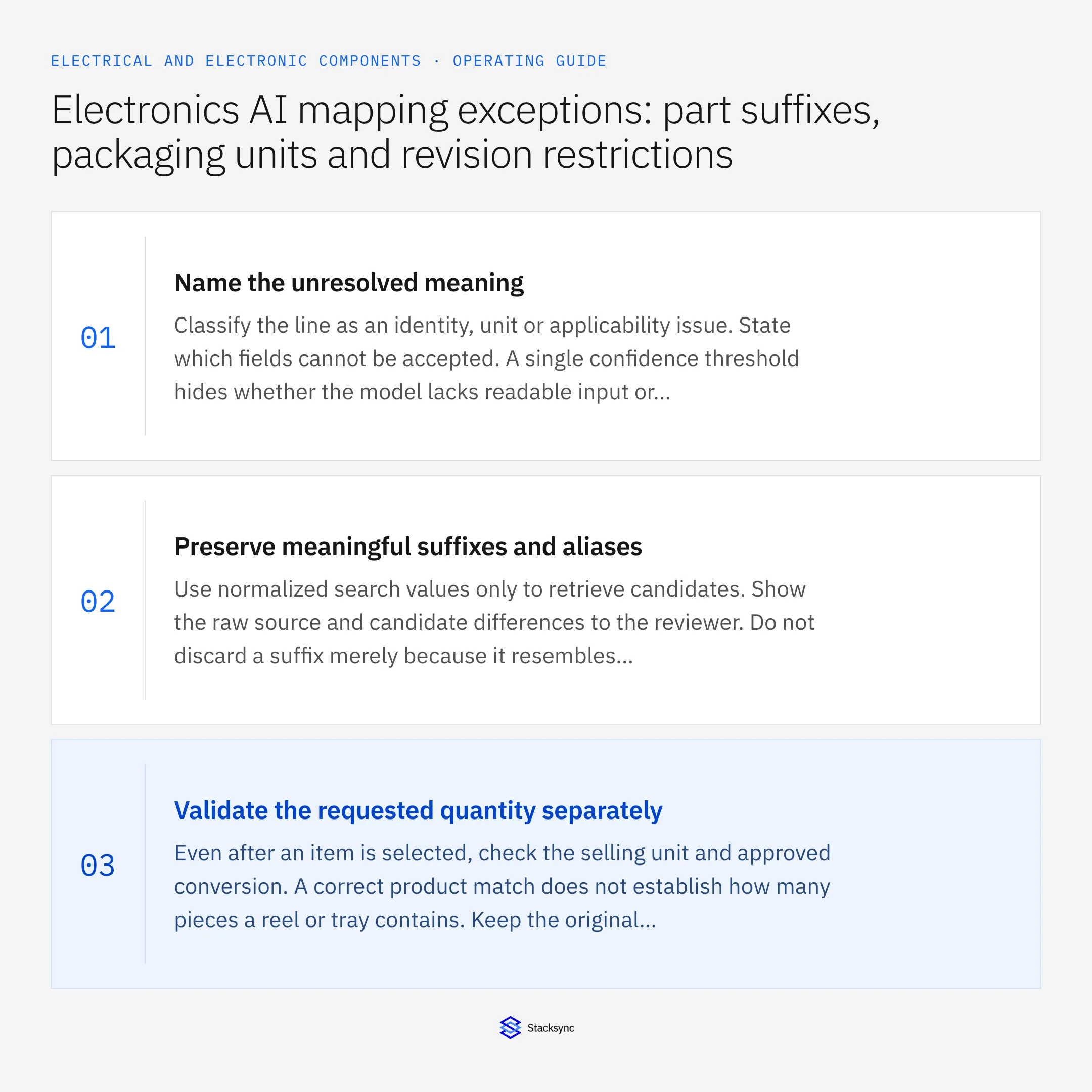 Summary card: AI mapping exceptions for part suffixes and reel counts
