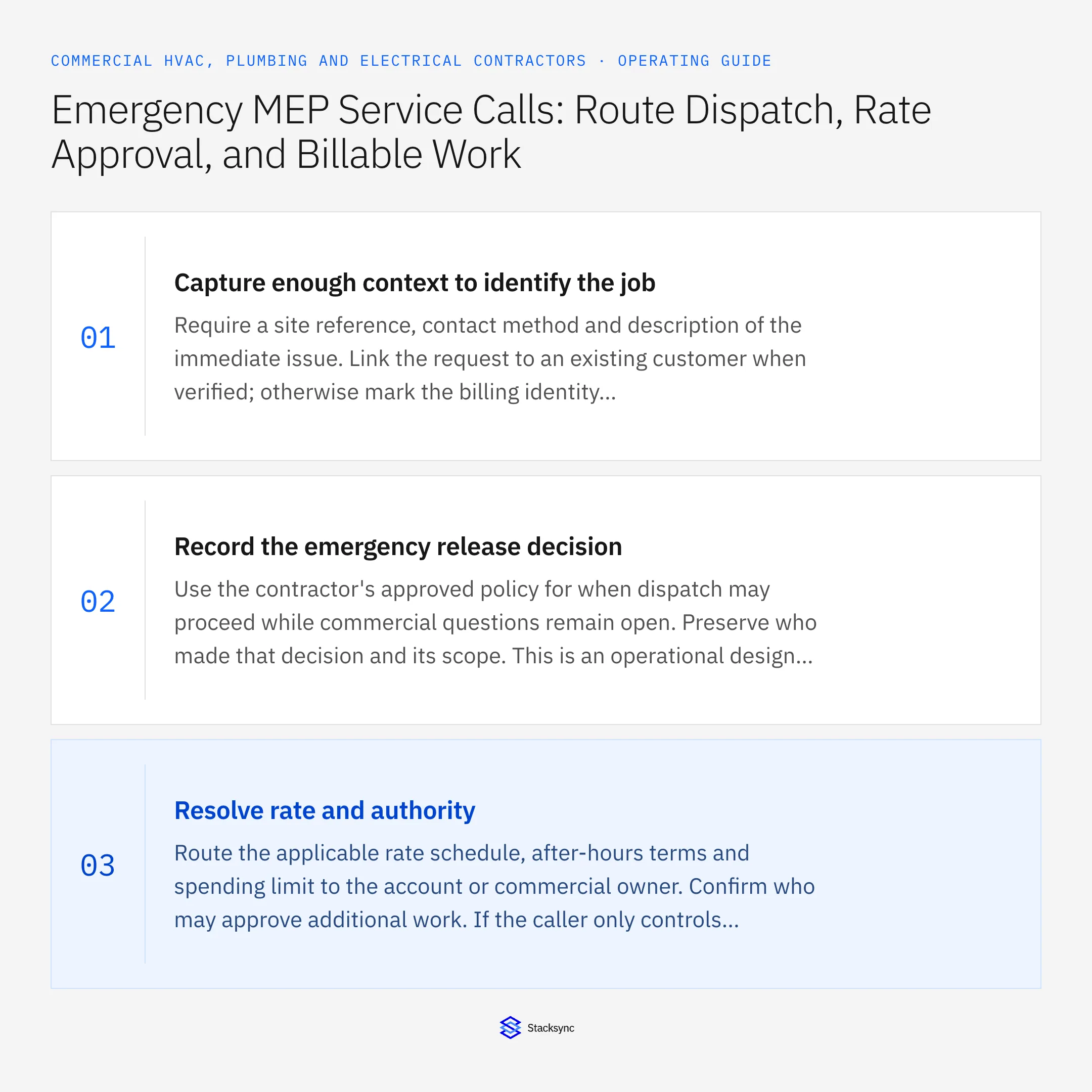 Summary card: Emergency MEP callout workflow from dispatch to billing
