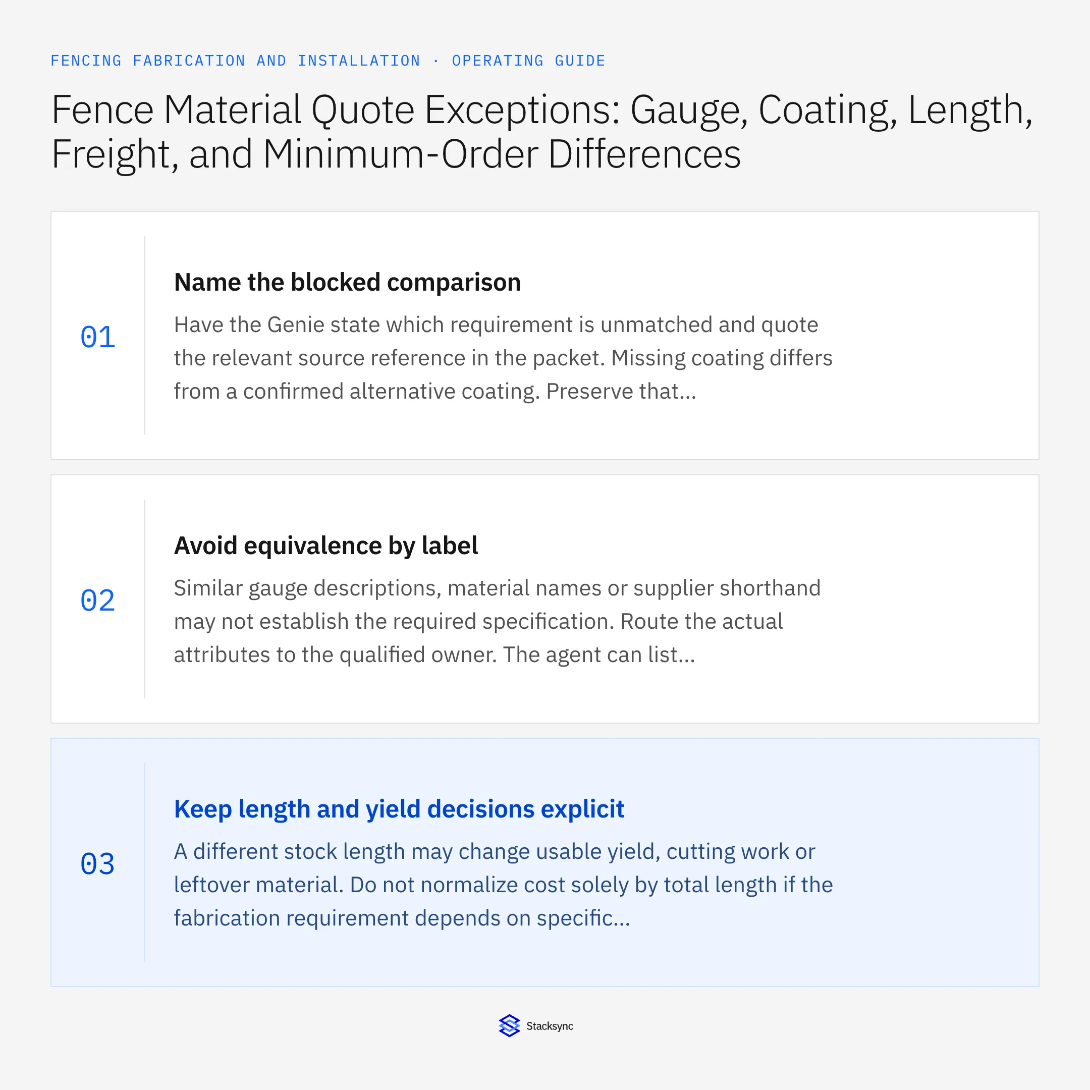 Summary card: Fence quote exceptions on gauge, coating, length and freight