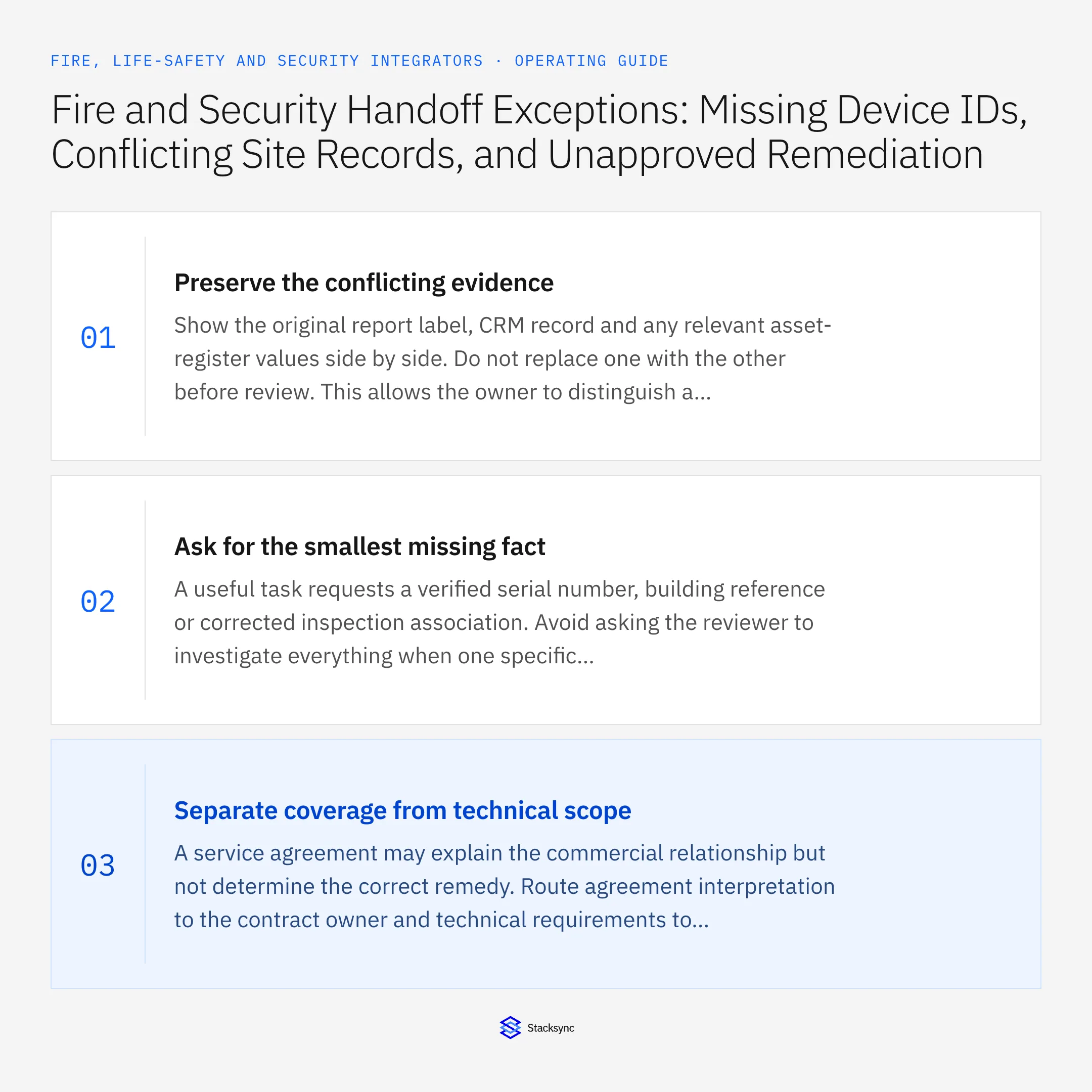 Summary card: Device ID and site conflicts in fire and security handoffs