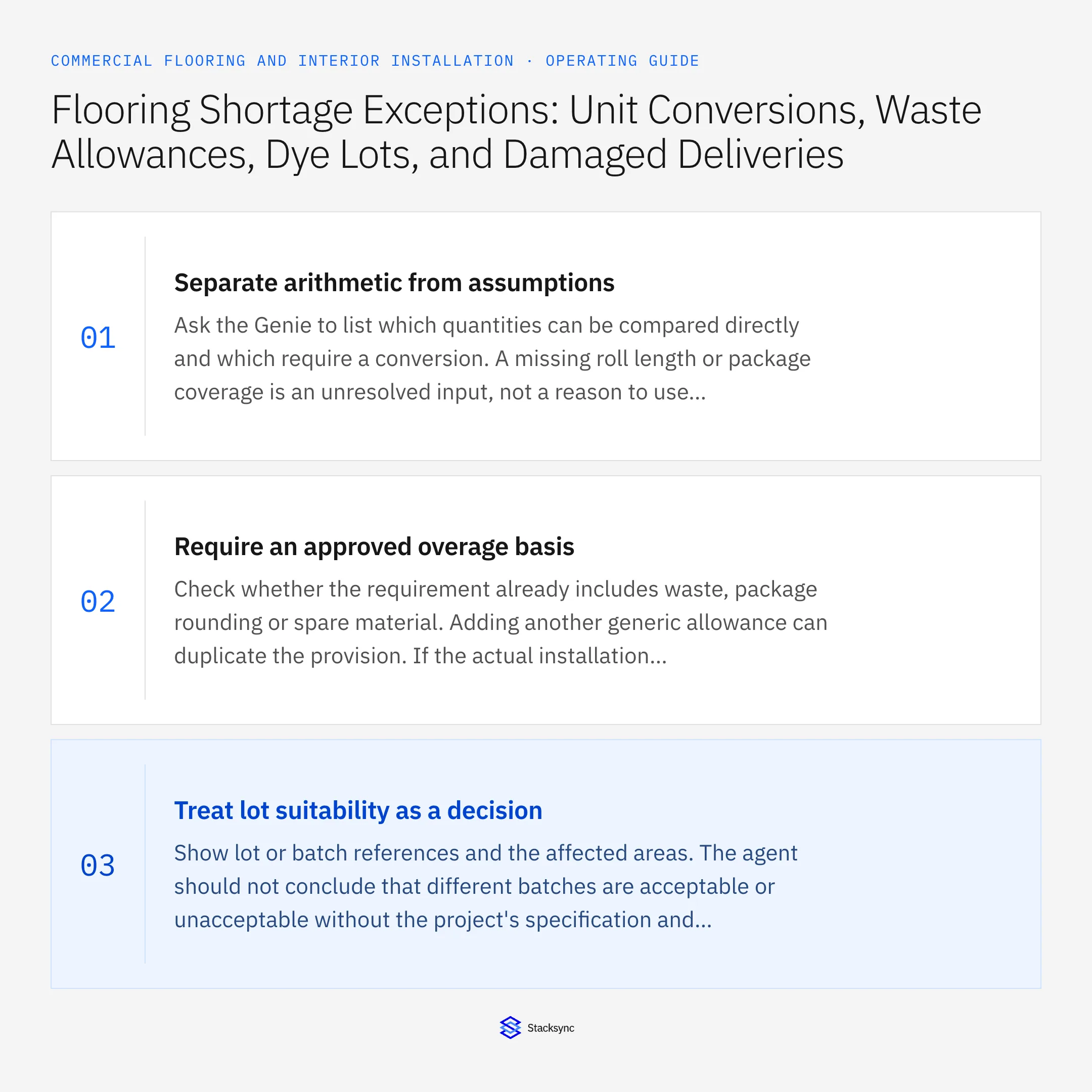 Summary card: Flooring shortage exceptions for units, dye lots and damage