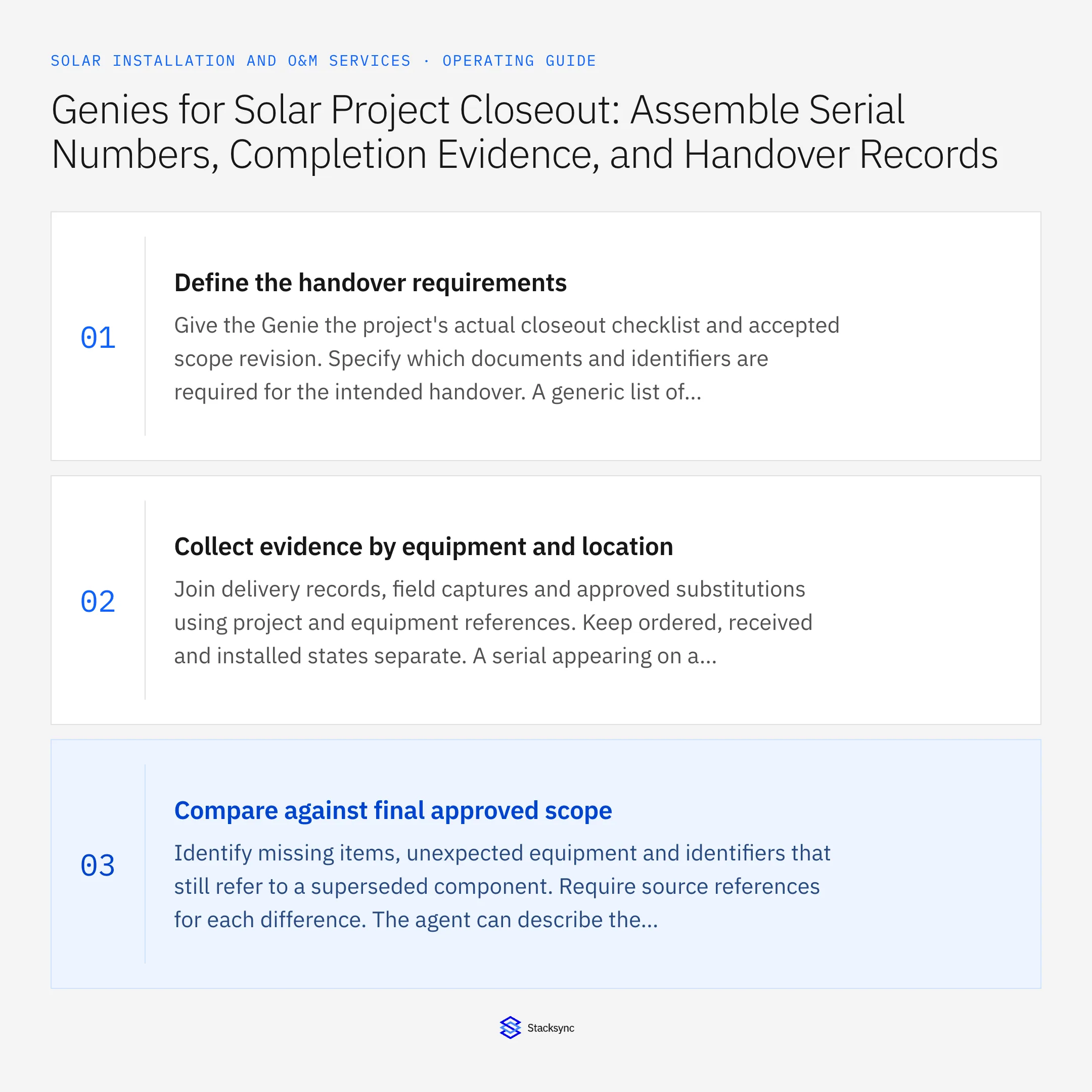 Summary card: Solar closeout Genie for serial and handover evidence