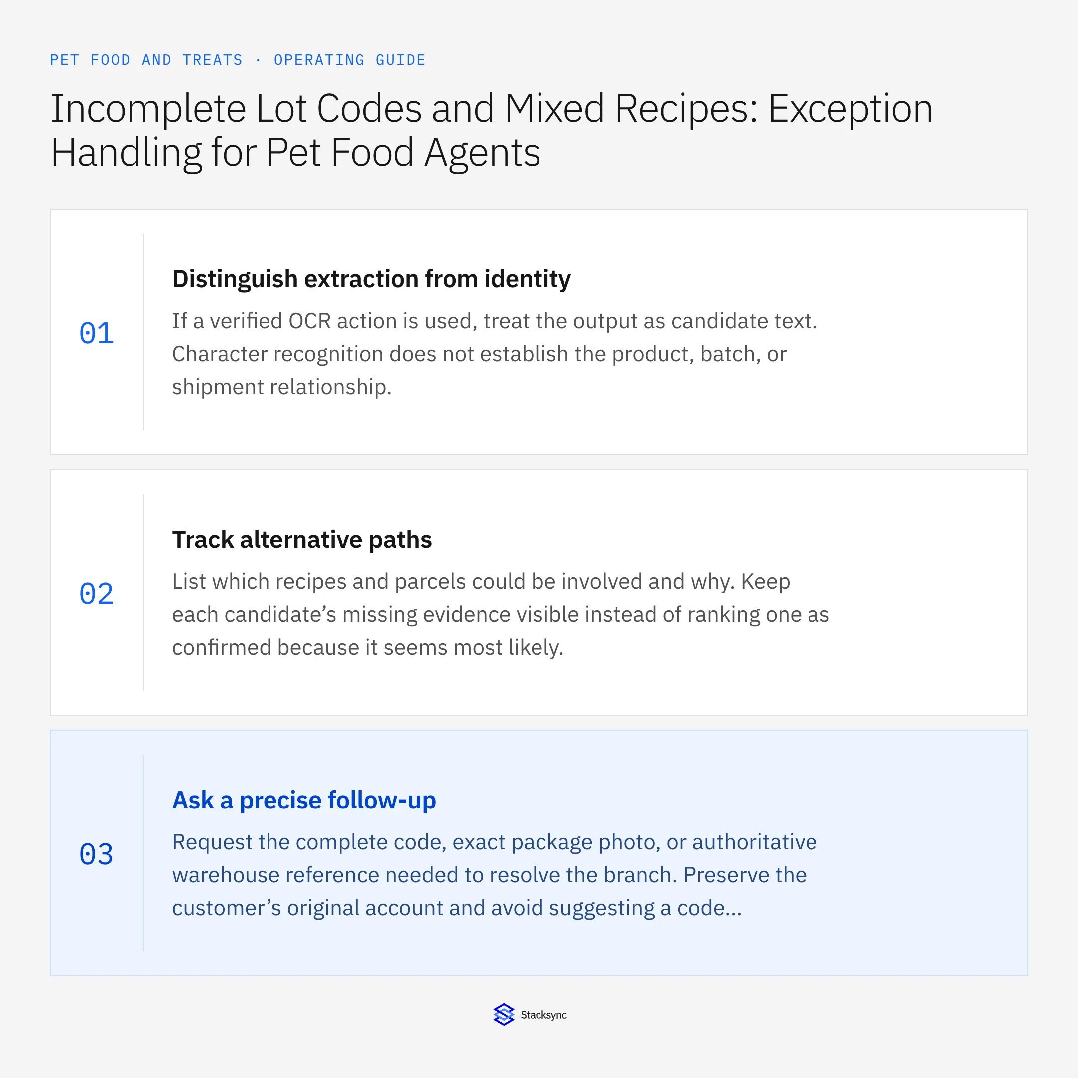 Summary card: Genie stop conditions for partial pet food lot codes