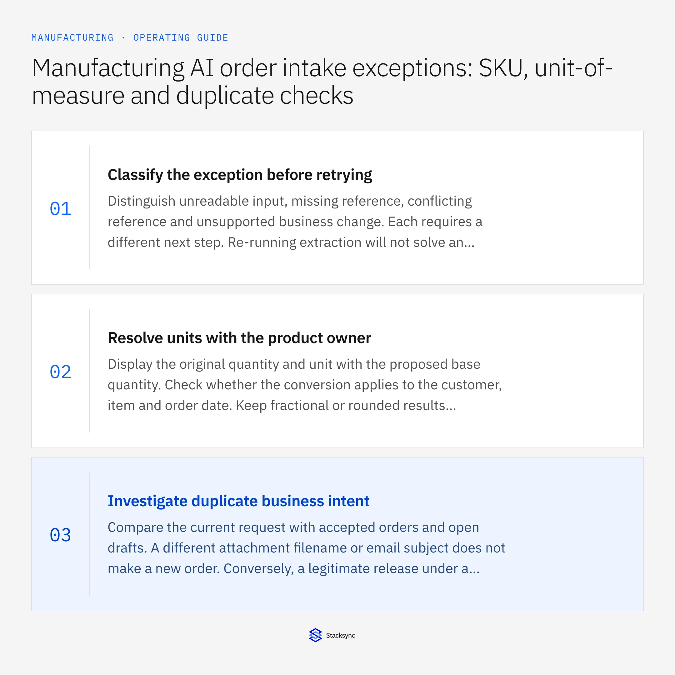 Summary card: SKU, unit and duplicate checks in manufacturing AI intake