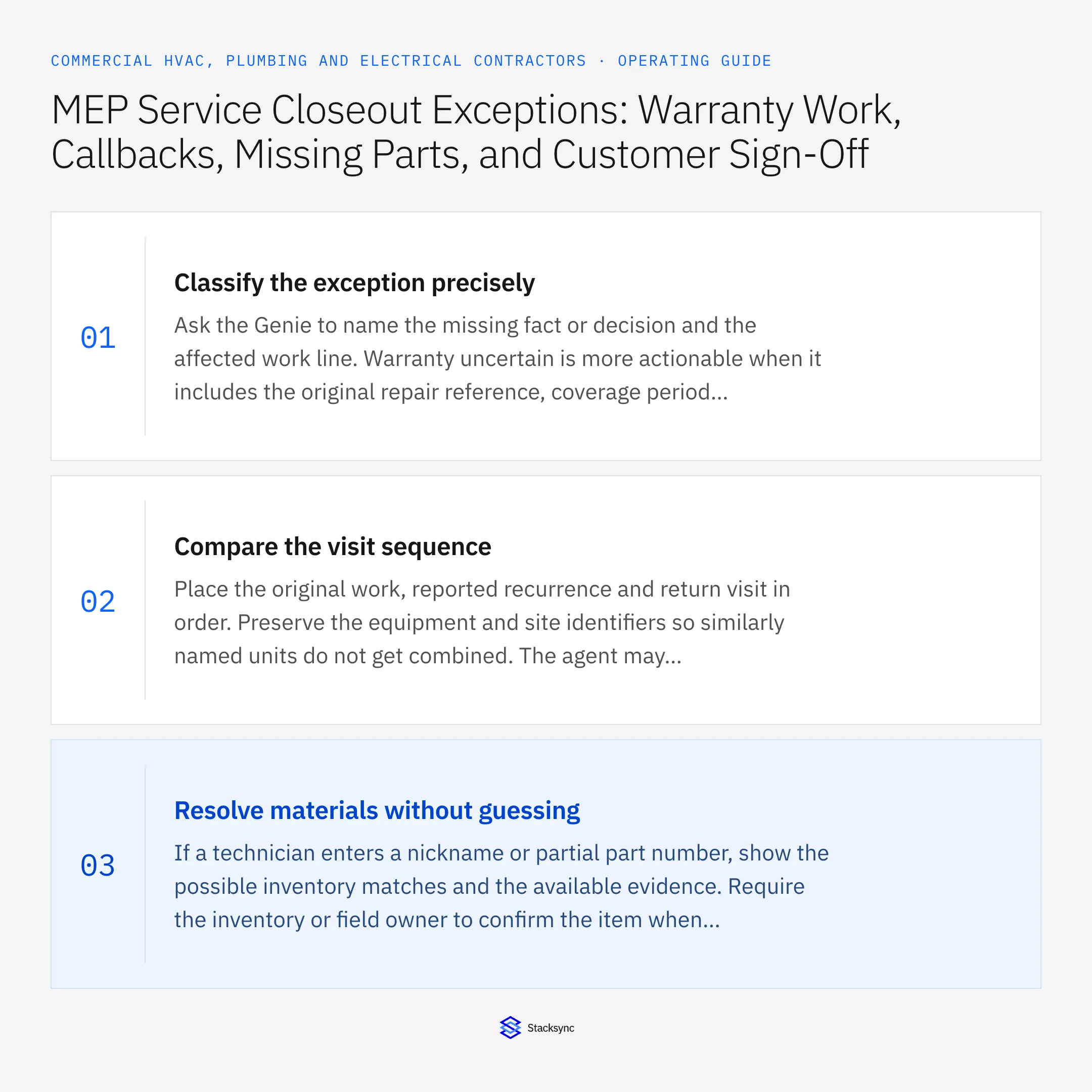 Summary card: Warranty, callback and sign-off exceptions in MEP closeout