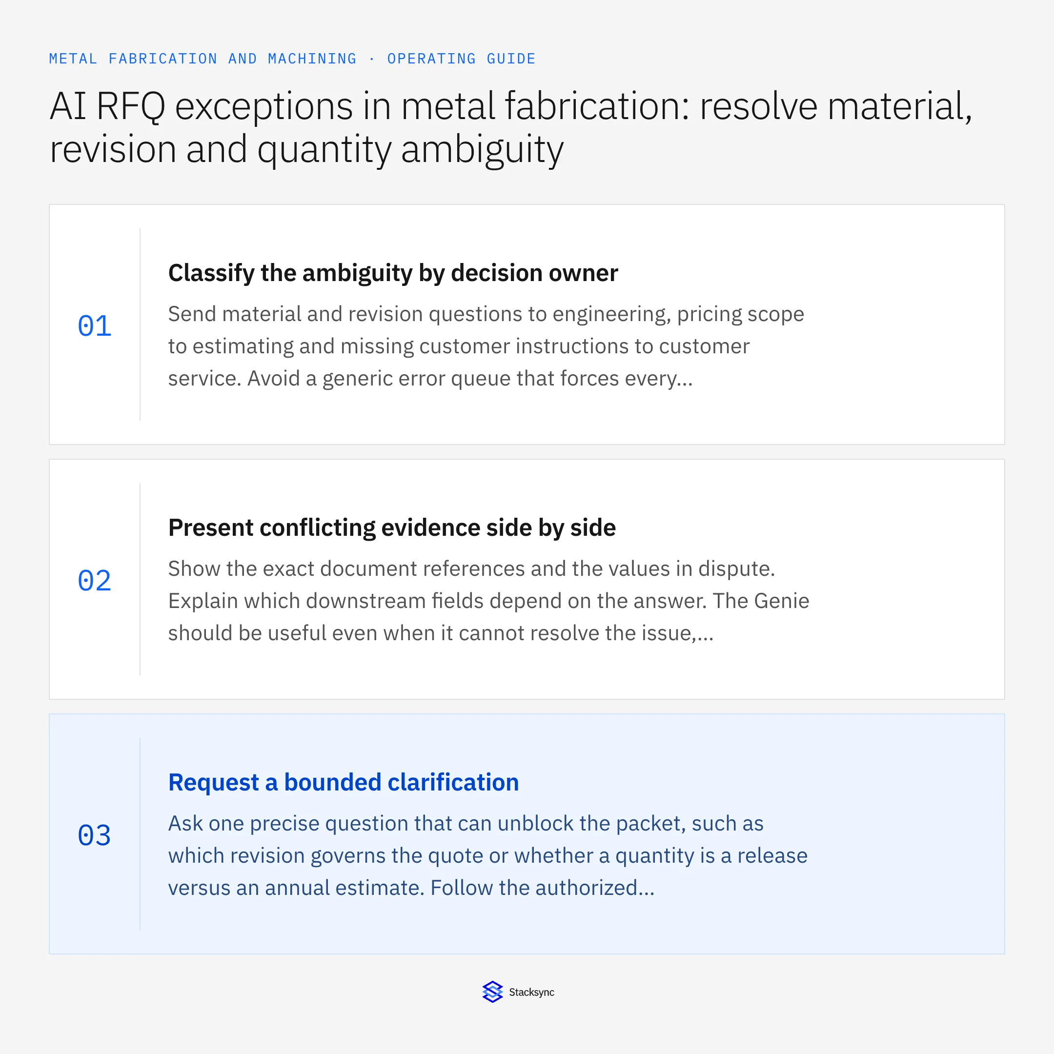 Summary card: RFQ Genie exceptions for drawing revision and material