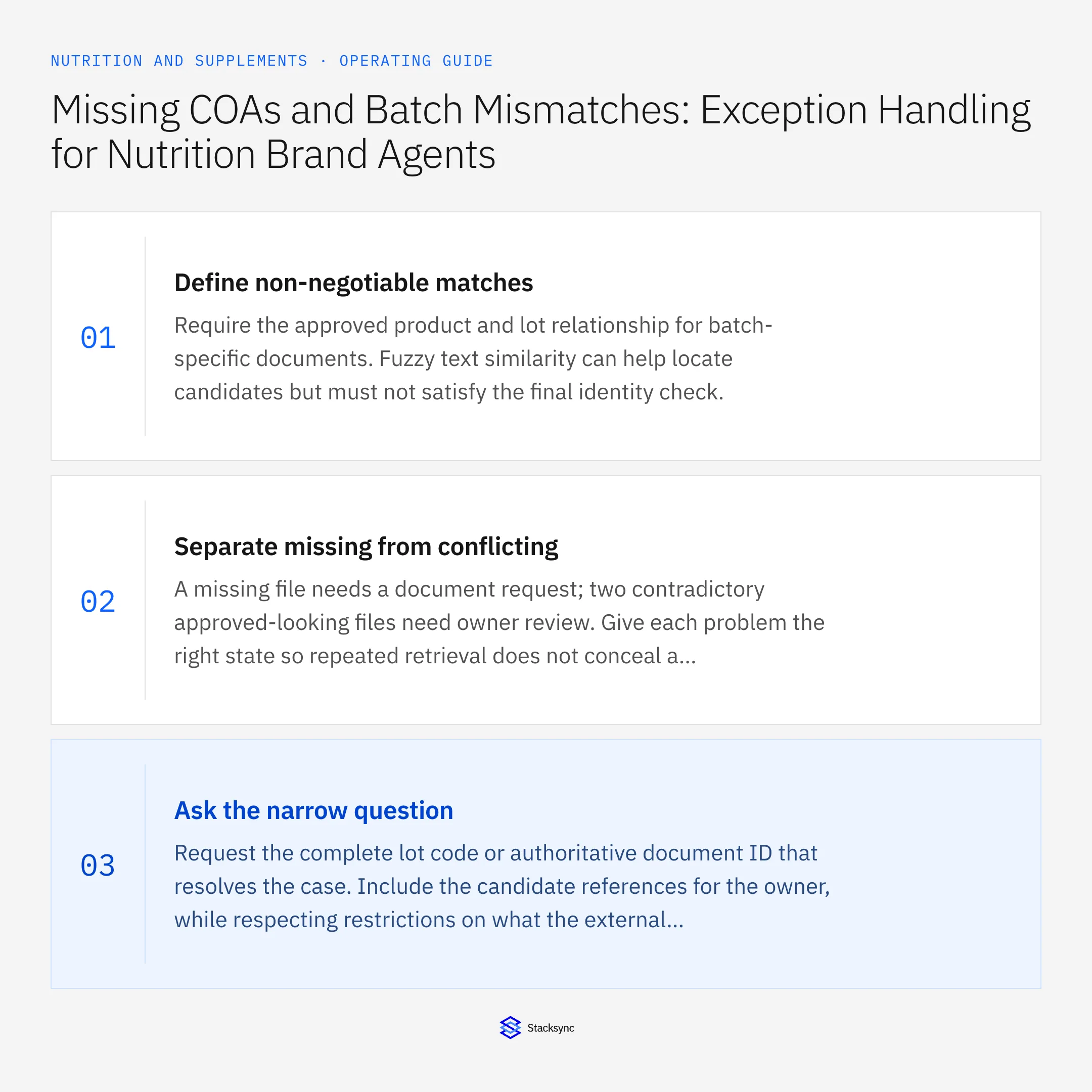 Summary card: Missing COA and lot mismatch handling for supplement agents