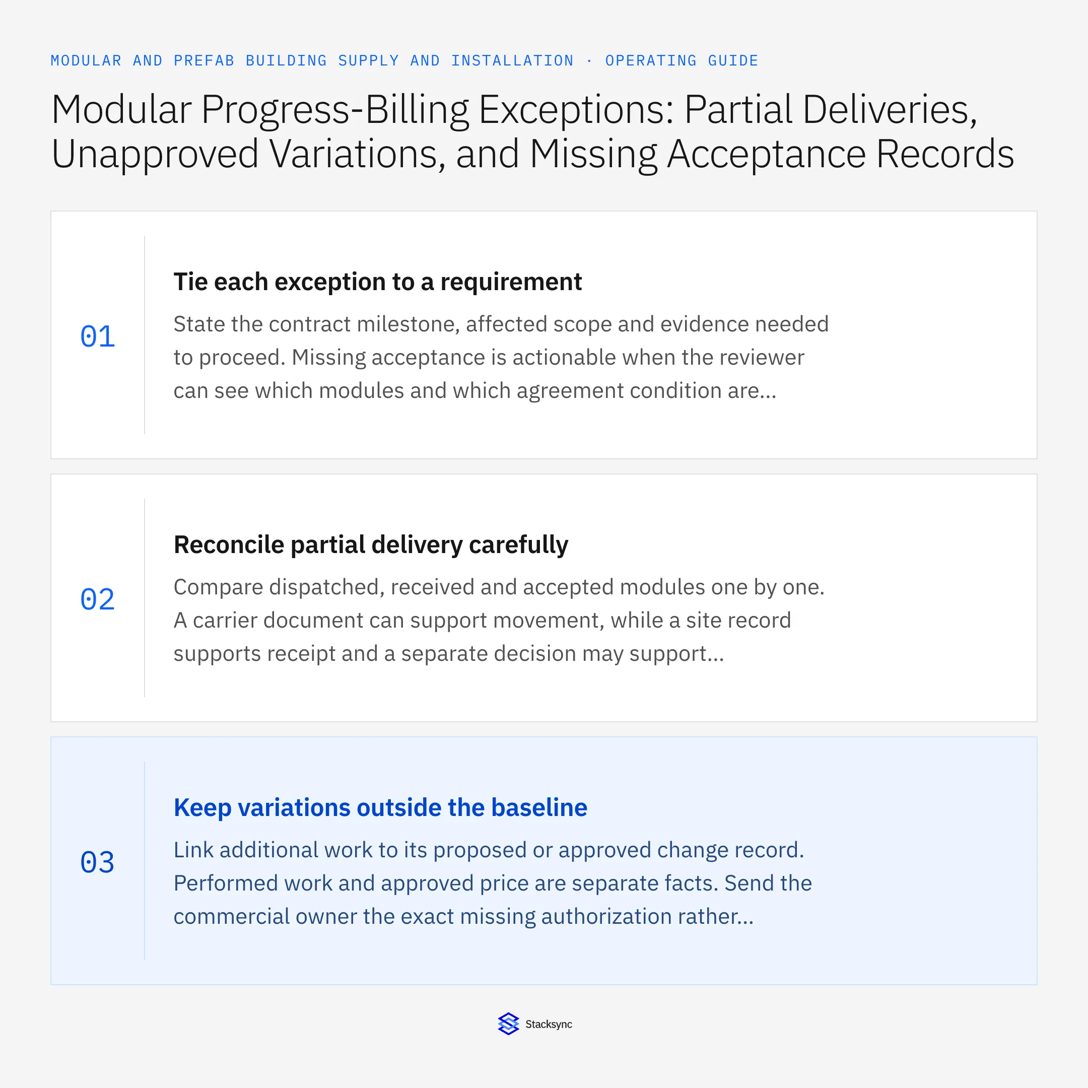 Summary card: Modular progress-billing exceptions for finance review