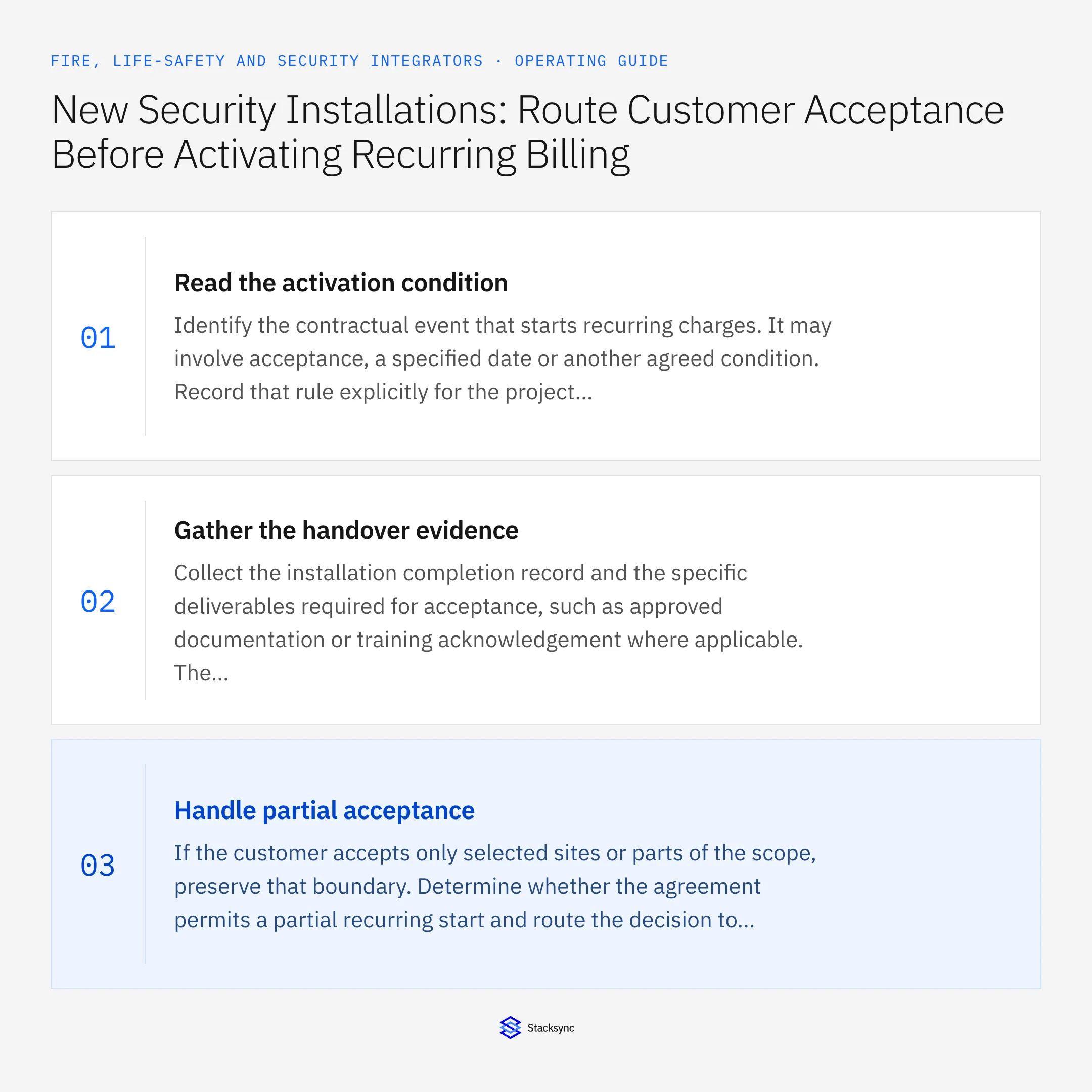 Summary card: Security installation acceptance before recurring billing