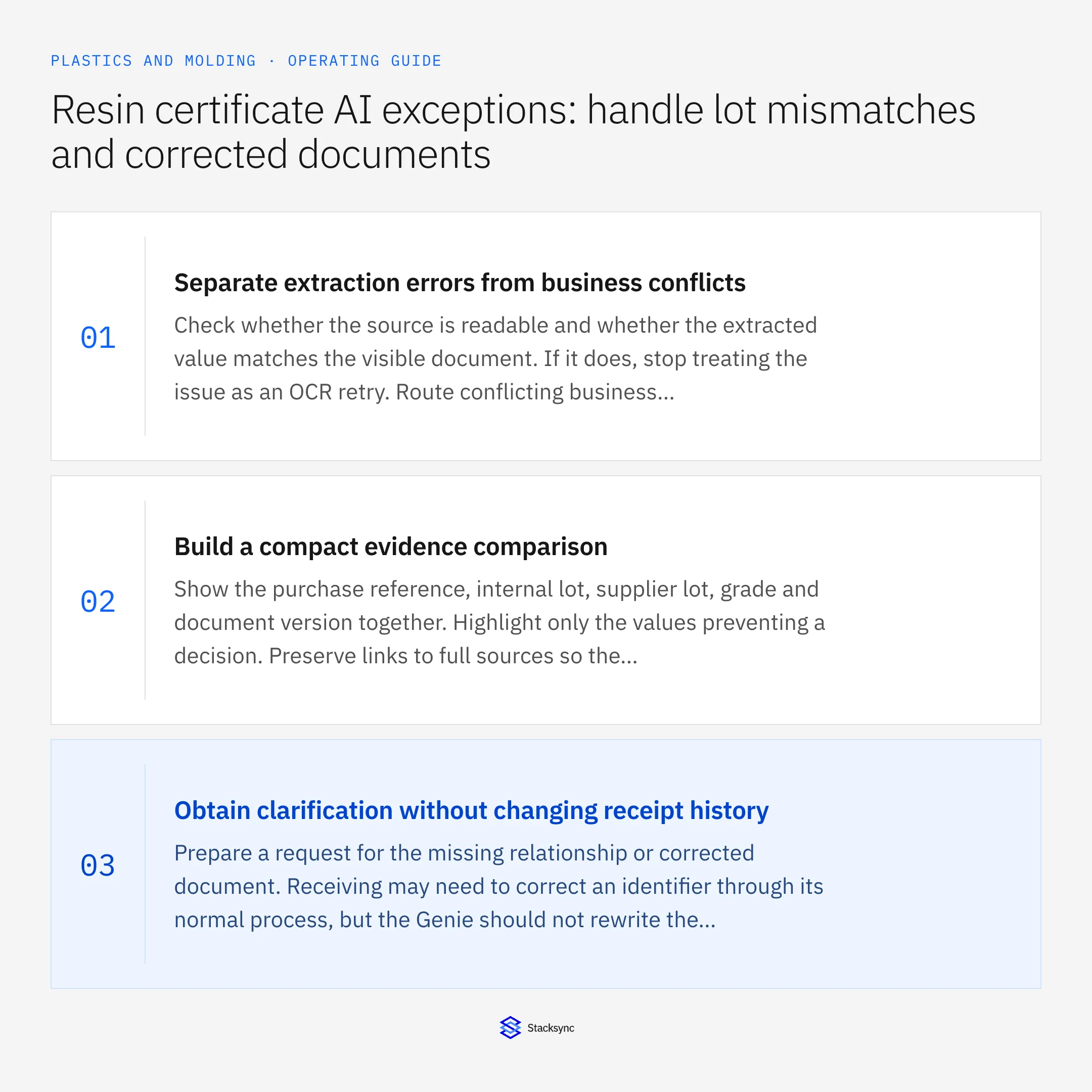 Summary card: Genie exceptions for resin certificate lot mismatches