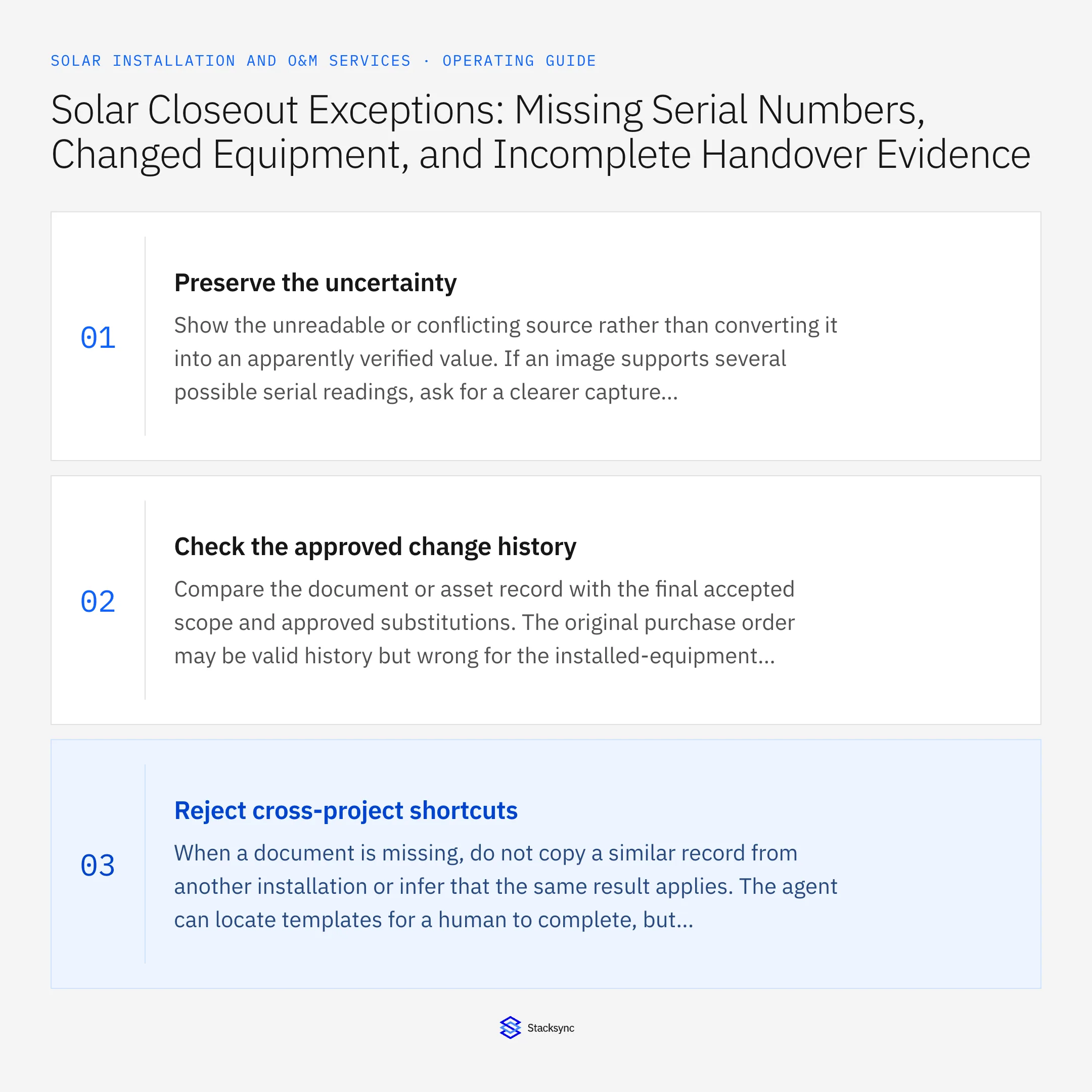 Summary card: Solar closeout exceptions for serials, scope and acceptance