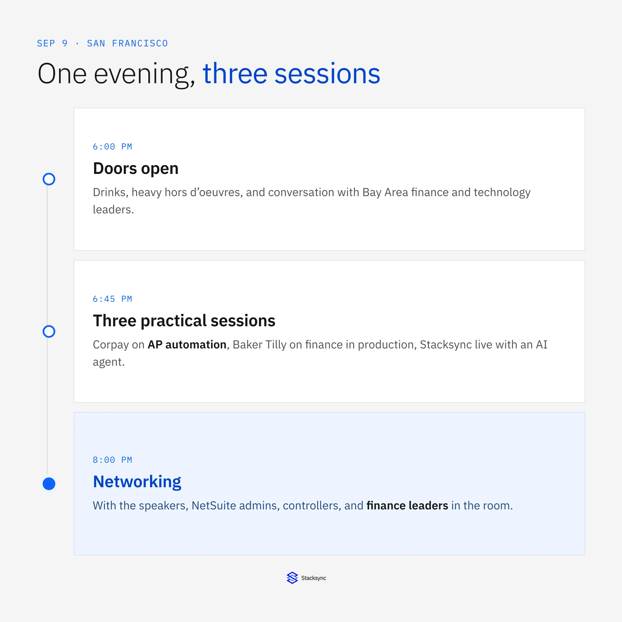 Evening at a glance for the September 9 San Francisco NetSuite user group: 6:00 PM doors open with drinks and hors d’oeuvres, 6:45 PM three sessions from Corpay, Baker Tilly, and Stacksync, 8:00 PM networking with speakers and finance leaders