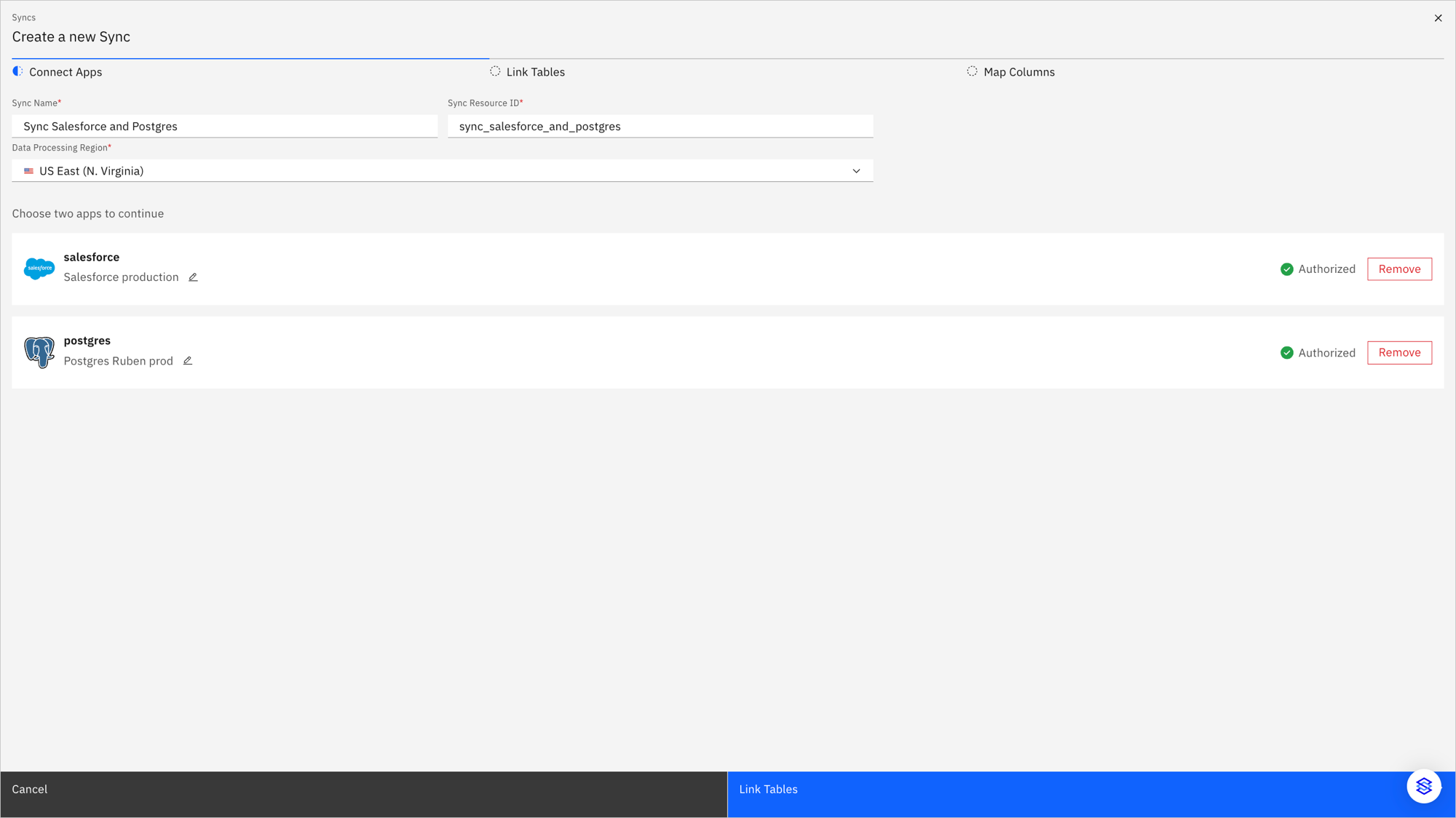 Stacksync Create a new Sync — Connect Apps step with Salesforce and Postgres authorized